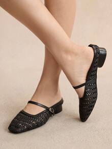 Rosivie Women's Woven Square Toe Chunky Heel Slide Sandals - Black - View 2