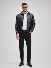 Officeau Men's Zipper Collar Black Faux PU Leather Jacket, Fall/Winter - Black - View 6