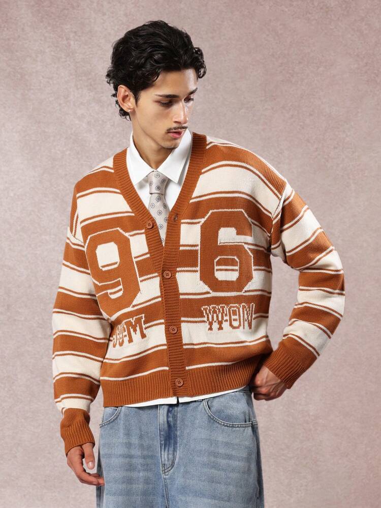 Gestreifter College-Cardigan mit Knopfleiste vorne und Kragen