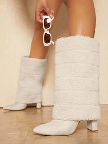 SHUZIA Furry Pointy Toe Block Heel Boots - Beige - View 4