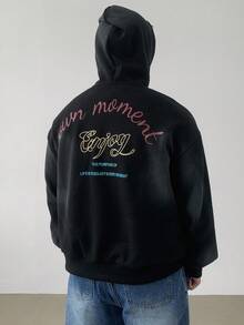 DAZY 男士字母印花水洗黑色连帽衫，街头风格，秋季 - 黑色 - 查看 7