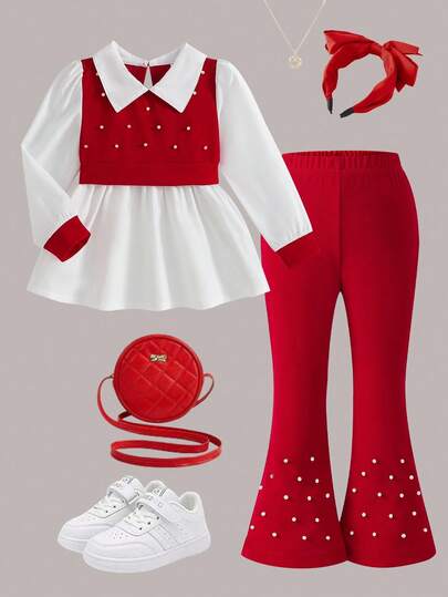 Elladie kids 2 st/set för unga flickor, pärldekorerad slim fit långärmad skjorta och utsvängda byxor, avslappnad outfit för vår/höst