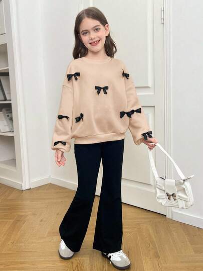 SHEIN 青少年女孩 3D 蝴蝶结装饰宽松大码运动衫和喇叭裤休闲套装