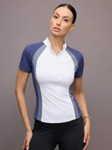 Activina Riding Tops Women Women's Contrast Color Raglan Short Sleeve Button Half Placket Equestrian Top, Horse Riding Apparel Women - Blue and White - View 7
