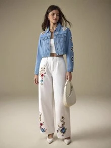 Selenza Floral Hollow-Out Pearl Decor Women Denim Jacket - Medium Wash - View 6