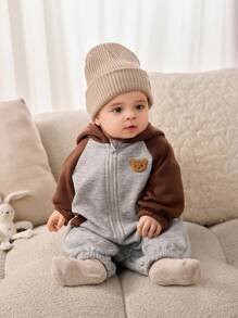 SHEIN Newborn Baby Unisex Plush Bear Hooded Jumpsuit, Casual Color Block Design, Autumn/Winter Baby Clothes, Baby Halloween Costume Newborn Baby Boy Winter Clothes Hooded Baby Jumpsuit Baby Boy Winter Jumpsuit Zip Up Baby Jumpsuit Fall - Multicolor - View 4