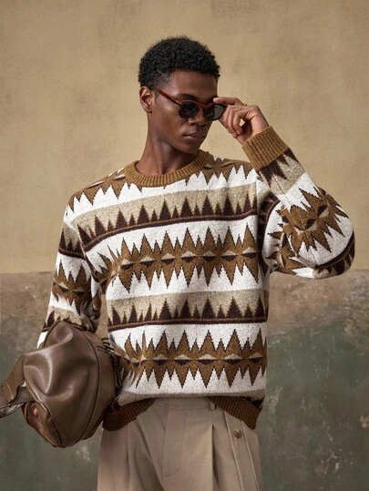 AKNOTIC Business Casual Men's Autumn/Winter Fashionable Street Style Geometric Color Block Pattern Loose Pullover Sweater