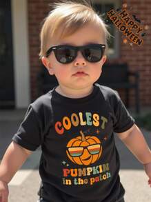 SHEIN Áo thun tay ngắn in họa tiết bí ngô yêu tinh can đảm hoạt hình Halloween cho bé trai, phong cách thời trang, phù hợp cho mùa hè, thu/đông, Halloween - màu đen - Xem 2
