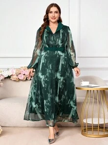 Modelyn Vestido elegante de manga farol con malla efecto tie-dye para mujer de talla grande, lujoso y elegante