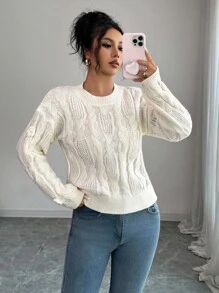 Elenzga 女式复古休闲奢华粗针织 3D 花卉装饰毛衣，秋冬 - 米色 - 查看 1