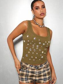 SUMWON WOMEN Top canottiera a costine con borchie da donna, senza maniche, casual, con scollo a V, corto, con cristalli e strass metallici, adatto per festival, feste, uscite serali