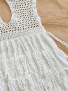 Soleia Vestido de suéter ajustado con escote en V, cuello halter y espalda descubierta, estilo bohemio, para vacaciones, otoño/invierno - Blanco - Ver 7