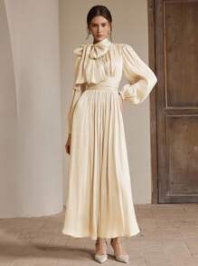 Anewsta Women's Long Dress With Waist Ruched Shiny Elegant, Versatile Design For Spring And Autumn - Apricot - View 3