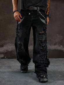 ROMWE MEN Grunge Punk Men's Loose Fit Distressed Pocket Wide Leg Jeans - Black - View 5