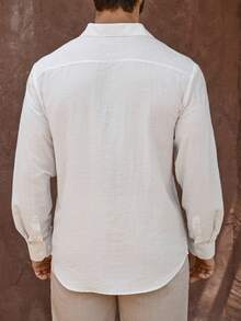 Manfinity Homme 男士成熟度假亚麻混纺长袖衬衫亚麻度假装，秋季，复古风 - 白色 - 查看 2