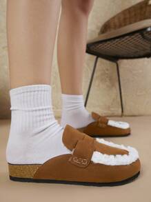 Women's Brown & White Furry Edge Wedge Slippers - Camel - View 3