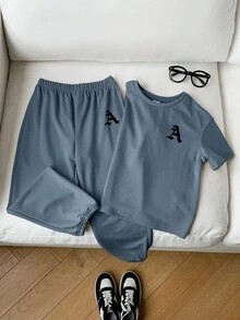 2件套年轻男童休闲舒适百搭图案印花短袖T恤和裤子套装 - 霧霾藍 - 查看 8