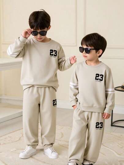 2 件儿童男童休闲百搭印花图案撞色罗纹圆领运动衫和裤子针织套装，适合上学、运动、户外、秋冬