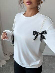 Elenzga Women's White Casual/Commute Bowknot Faux Pearl Decor Long Sleeve Sweatshirt, Autumn Fall Cloth For Women