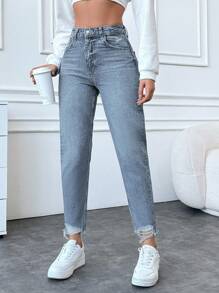 EURMUSE 100%Cotton High Waist Ripped Raw Hem Mom Fit Jeans For Dailywear - Light Wash - View 5