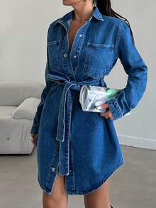 EURMUSE Denim Dress With Lapel Collar, Single Breasted Front And Belt Detail - Medium Wash - View 5