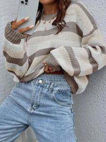 EMERY ROSE Áo len chui đầu kẻ sọc dài tay rộng rãi, thoải mái cho nữ, áo len thu đông, áo len dệt kim, quần áo thu đông cho nữ, thời trang thu mới cho nữ, áo len sọc cho nữ, áo len sọc cho nữ - Nhiều màu - Xem 3
