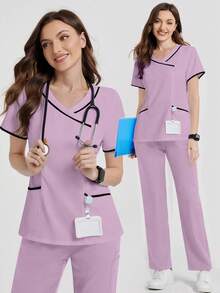 TaskEZ Contrast Trim V-Neck Summer Short Sleeve Scrub Uniform Top - Lilac Purple - View 1
