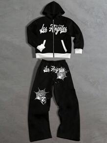Manfinity Roghcode Manfinity Streetrush Men's Letter Print Contrast Color Zipper Hoodie And Sweatpants Casual Tracksuit Set - Black and White - View 1
