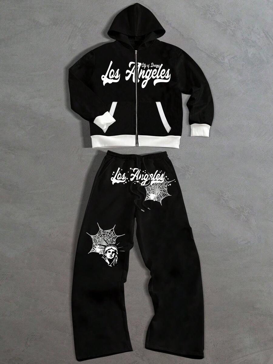 Manfinity Roghcode Manfinity Streetrush Men's Letter Print Contrast Color Zipper Hoodie And Sweatpants Casual Tracksuit Set - Black and White - View 1