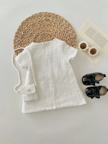 Baby Girls' Cute Short-Sleeve Tweed Texture Dress & Crossbody Bag Set, Summer - White - View 2