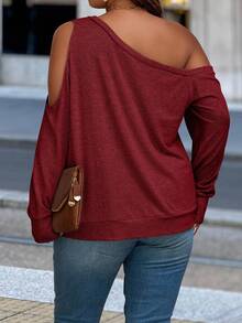 EMERY ROSE Plus Size Casual Solid Color Off-Shoulder Sweatshirt, Spring/Autumn Fall Cloth For Women Winter - Maroon - View 2