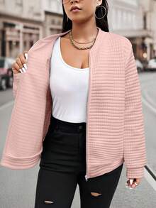 EMERY ROSE Plus Size Women's Solid Color Long Sleeve Zip-Up Casual Baseball Jacket, Autumn Fall Winter Cloth For Women - Pink - View 5
