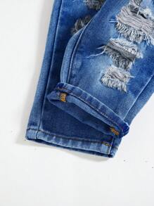 SHEIN Jeans bleus décontractés, style vintage, délavés, déchirés et effilochés pour bébé garçon. Sans chemise, pour porter à l'extérieur et au quotidien en automne et en hiver - Jean bleu - Voir 5