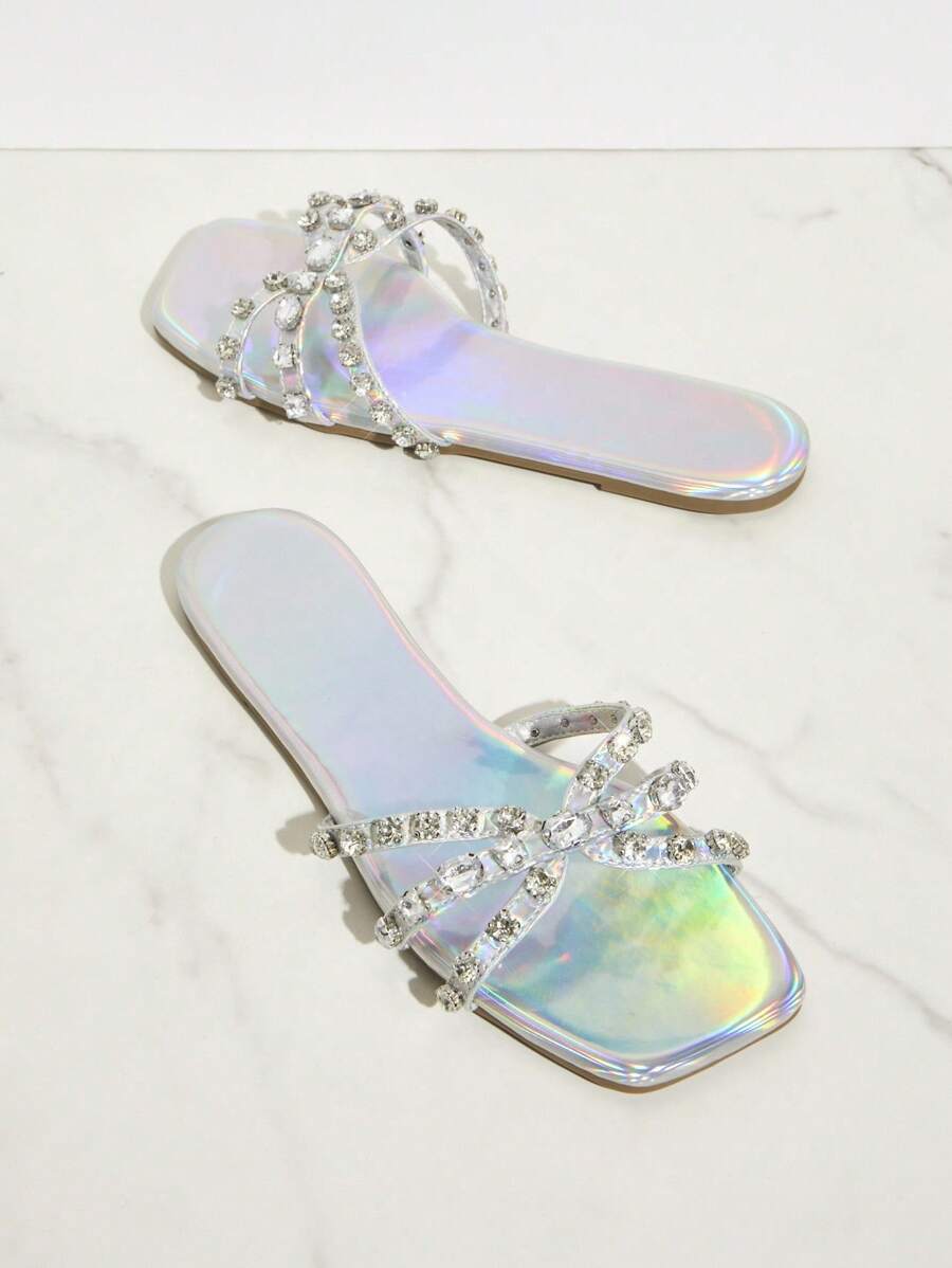 SHUZIA Sauare Toe Flat Sandals, Strappy, Stones, Metallic - Silver - View 1