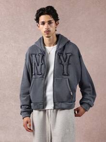 SUMWON 短款复古风格刺绣纽约字母全拉链连帽衫休闲街头潮流学院风设计秋冬经典都市学院风男女通用运动衫 - 藍色 - 查看 5