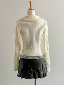 Elamini Cream Yellow Knitted Ribbed Patchwork Double-Sided Fleece Collar Zip-Up Fitted Long Sleeve Jacket, Elegant Vintage College Style For Commute, Office, Casual, Daily Wear, Dates, Autumn/Winter For Women