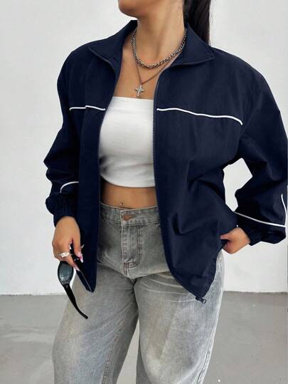 POPSWAY Casual Contrast Color Loose Fit College Street Lightweight Jacket Winter Fall Autumn