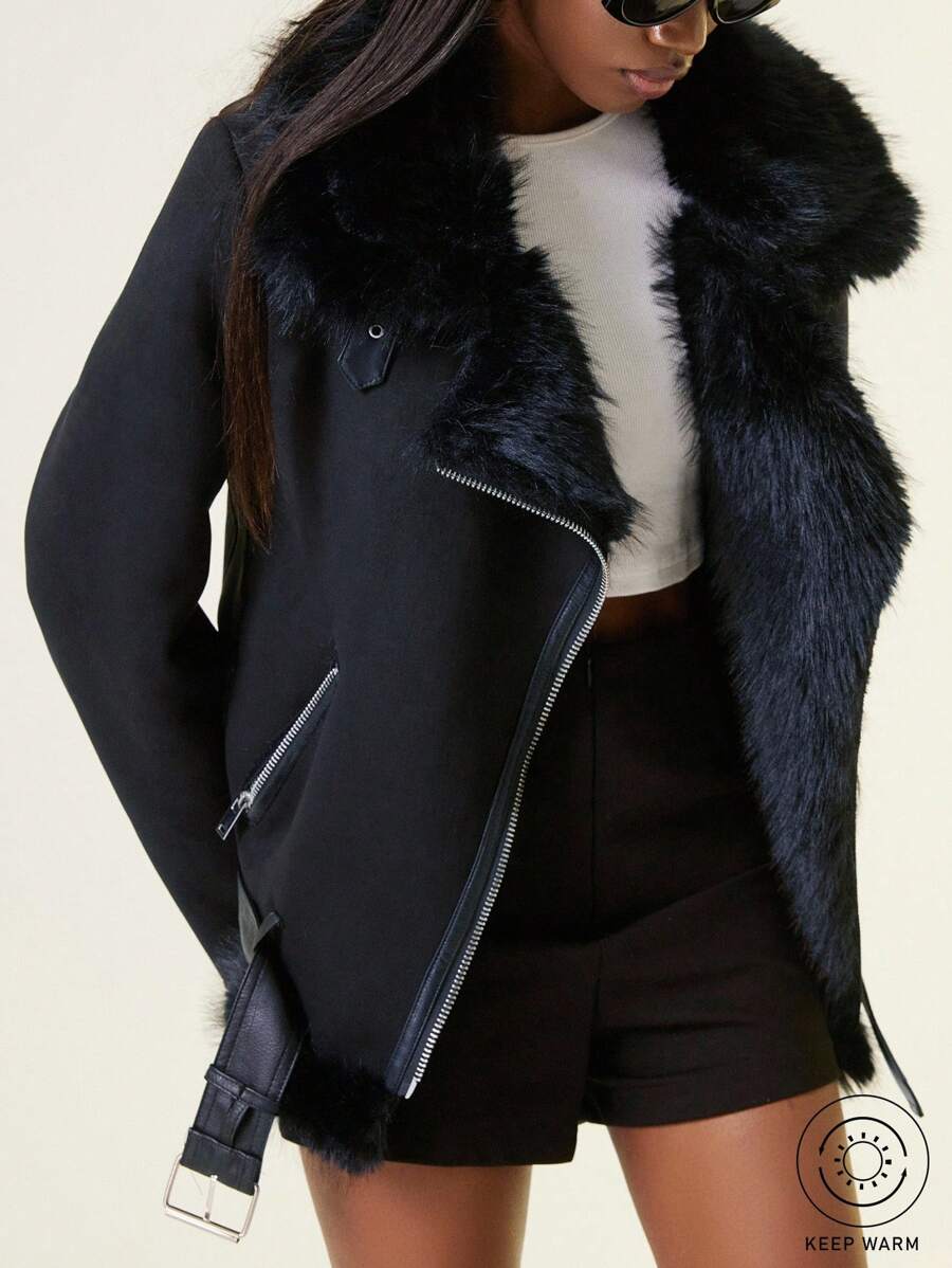 Aveloria Affinna Women's New Winter Faux Fur Leather Jacket, European And American Fashion Suede Fleece Motorcycle Coat, Thick Cotton Padded Fall Cloth For Women