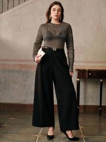 Anewsta Women Plus Size Round Neck Metallic Sheen Knit Fitted Elegant Pearl Embellished Top - Black - View 5