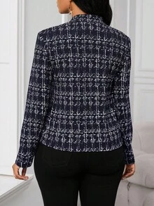SHEIN Lady 2025 New Plus Size Color Navy Blue Graphic Long Sleeve Blazer,Fall Clothes For Women Fall Clothes For Women  Winter Clothes Elegant Chic Women's Jacket Chic Autumn Winter Jacket Trench Coats Business Casual Woman Business Casual Woman Curve Business Casual Women Suit Jacket For Women Tweed Jacket Women Plaid Blazer Open Front Blazer Women Blazer Jacket