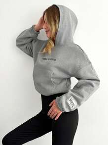 EURMUSE 100%Cotton Women's Letter Print Hooded Sweatshirt - Light Grey - View 3