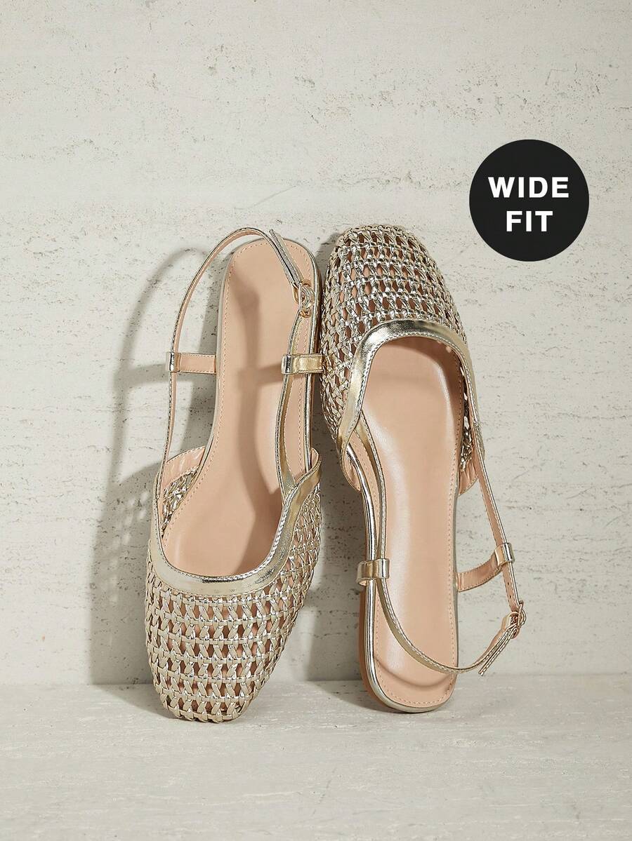 SHUZIA Bailarinas de mujer de suela ancha, puntera redonda, cómodas, trenzadas y de PU suave con cierre de slip on - Dorado - Ver 1