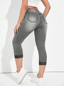 SHEIN ICON Women's Fashion Washed Slant Pocket Denim Capri Pants, Summer