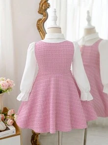 SHEIN Young Girl Woven Contrast Color Puff Sleeve 2 In 1 Dress Fall Winter - Pink - View 3