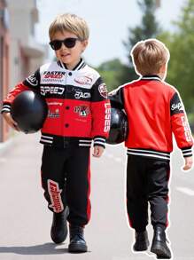 SHEIN Playful Pals 2 件套男童秋冬时尚休闲红黑撞色字母赛车印花棒球夹克搭配松紧腰裤，适合 4 岁至 7 岁幼儿男童户外穿着