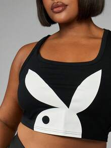 MISSGUIDED PLUS x Playboy Plus Size Bunny Logo Tank Top Sleeveless Stretch Fit Crop Length Racerback Streetwear Festival Fashion Statement Summer Fall Spring - Black - View 4