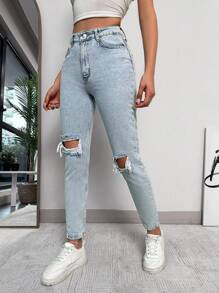 EURMUSE 100%Cotton Ripped Frayed Cut Out Skinny Jeans - Light Wash - View 4