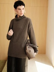 Uhlyne Minimalistischer Rollkragen Langarm eleganter anspruchsvoller Business Damen Vintage Retro einfarbiger Pullover, Damen Strickpullover, geeignet für den Arbeitsweg, Herbst/Winter