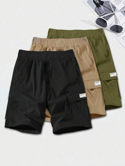 SHEIN Conjunto de 3 piezas para niño preadolescente con pantalones cortos deportivos sólidos, informales y versátiles, de tejido suelto y de malla. Compra uno y llévate dos gratis, un conjunto de 3 piezas adecuado para las temporadas de primavera y verano