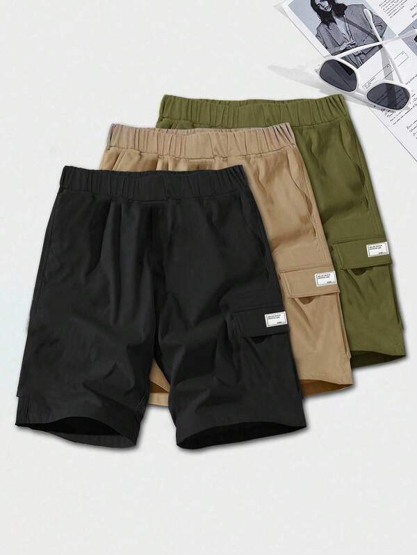 SHEIN 3 Pc Tween Boy Loose Casual Woven Net Color Casual Simple Basic Versatile Solid Color Sports Workwear Shorts Multi-Color Multi Piece Set, Buy One And Get Two Free, Get Three Suitable For Spring And Summer Seasons